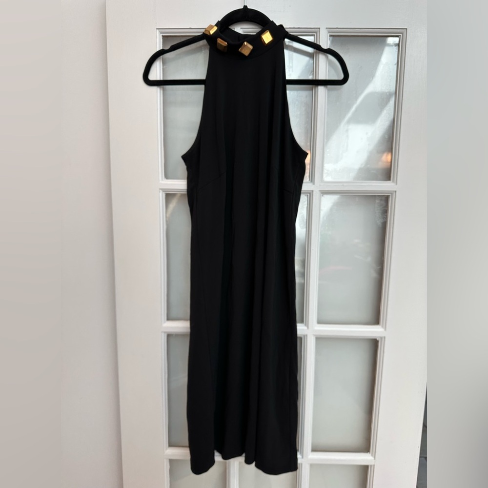Vintage Boston Proper Black High Neck Midi Cocktail Dress Gold Stones Size 6 S